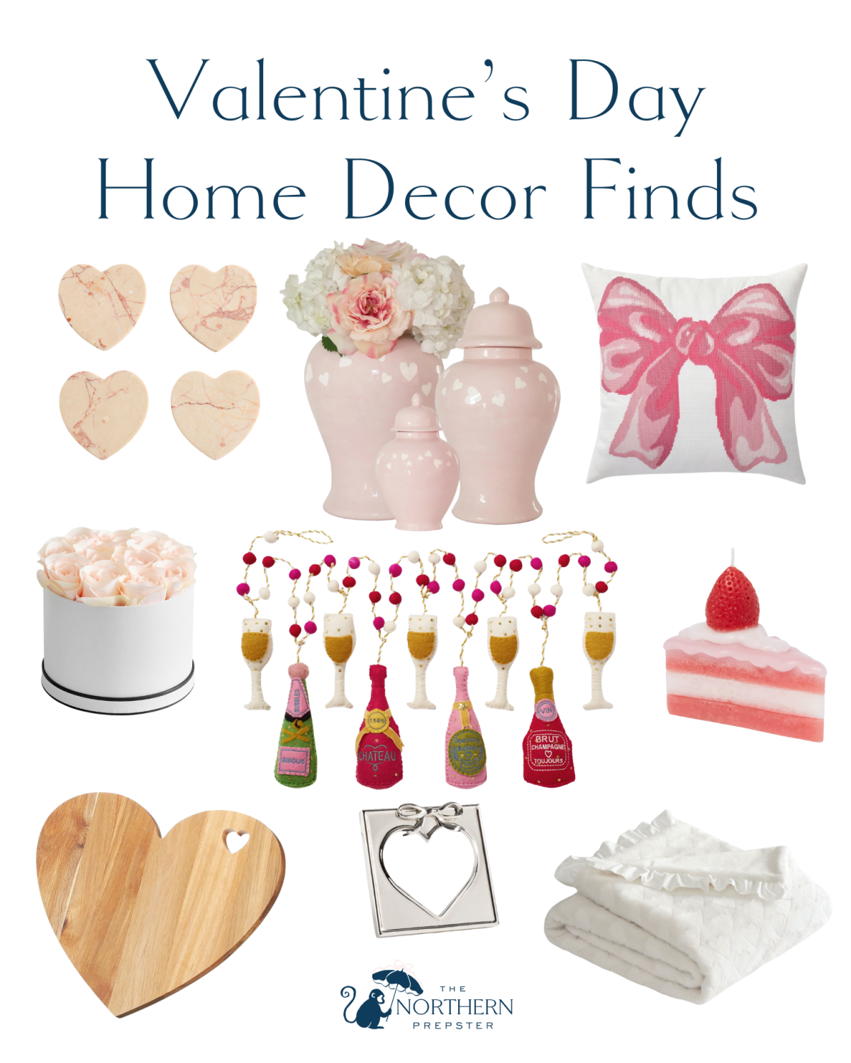 Valentine's Day home decor finds. Valentine's Day Ginger Jar, LoveShackFancy pillow, and Pottery Barn finds.