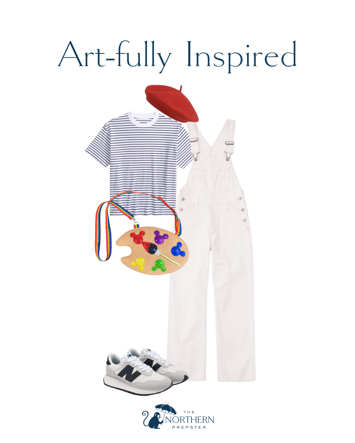 Epcot Festival of the Arts Outfit Ideas. Etsy Disney Bag, Overalls, Striped shirt, beret, and new balance sneakers