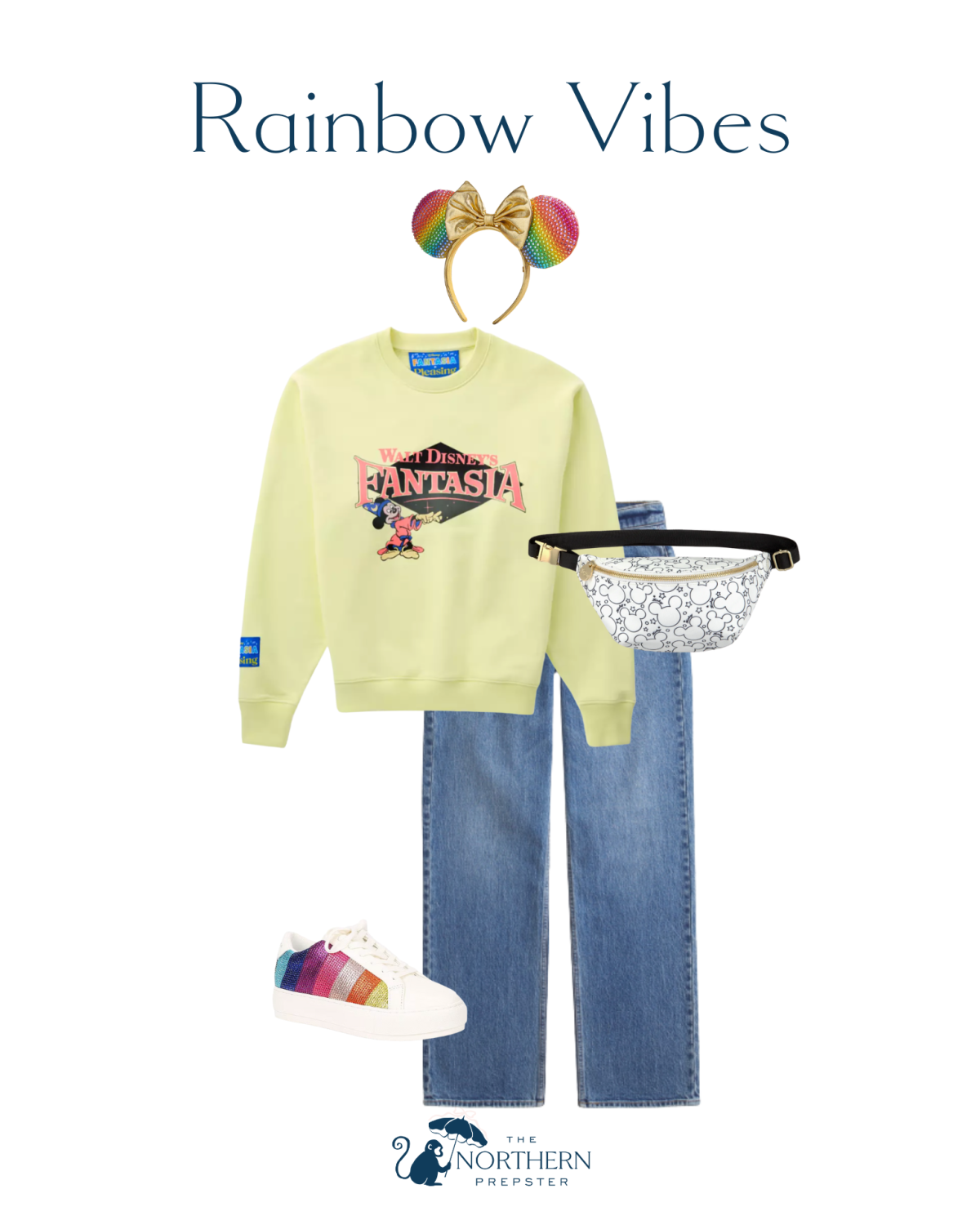 Epcot Festival of the Arts Outfit Ideas. Rainbow vibes, Fantasia sweatshirt, Rainbow Minnie Ears