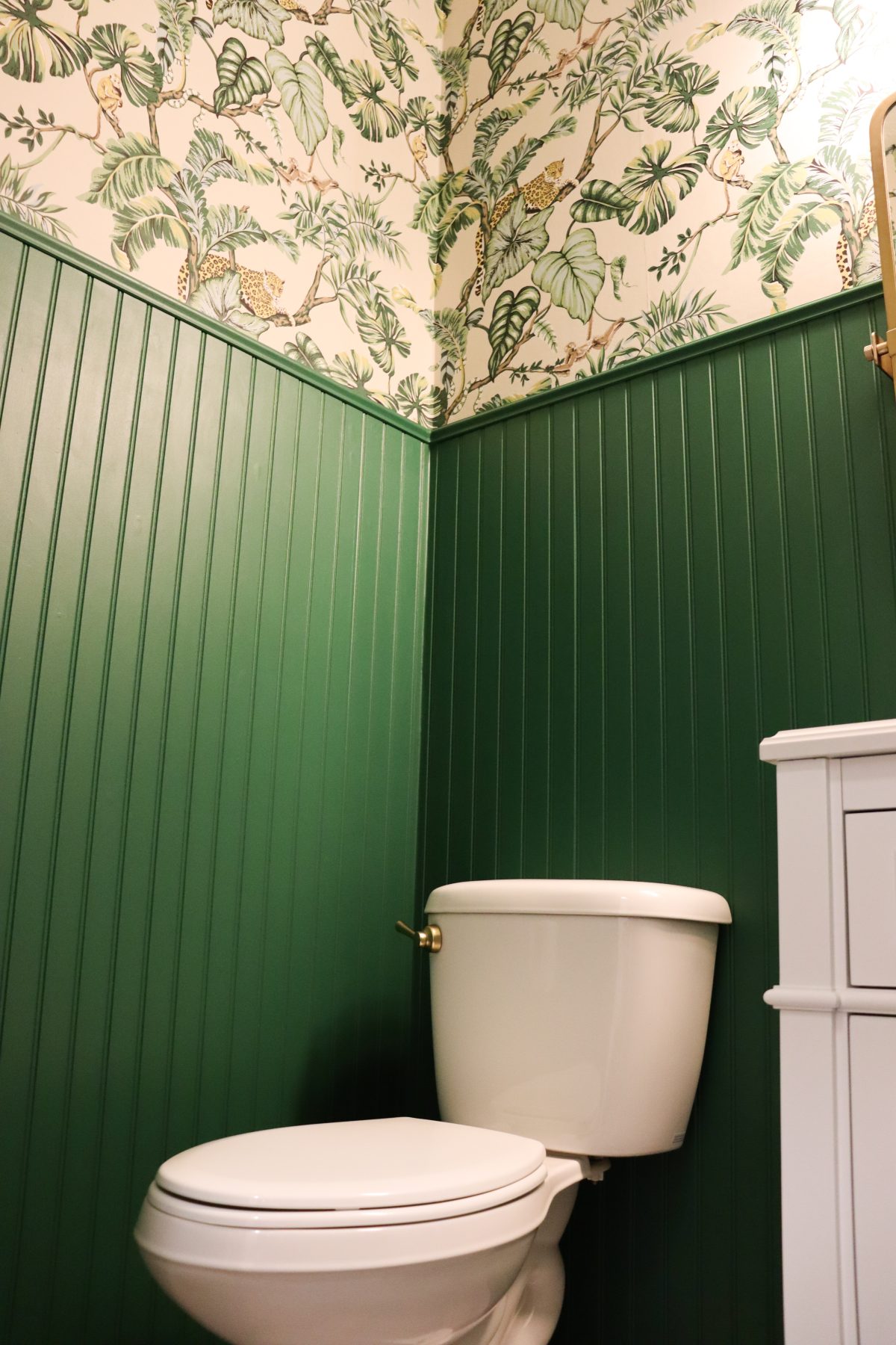 Powder room makeover with York Jungle Cat Wallpaper and green sherwin williams paint.