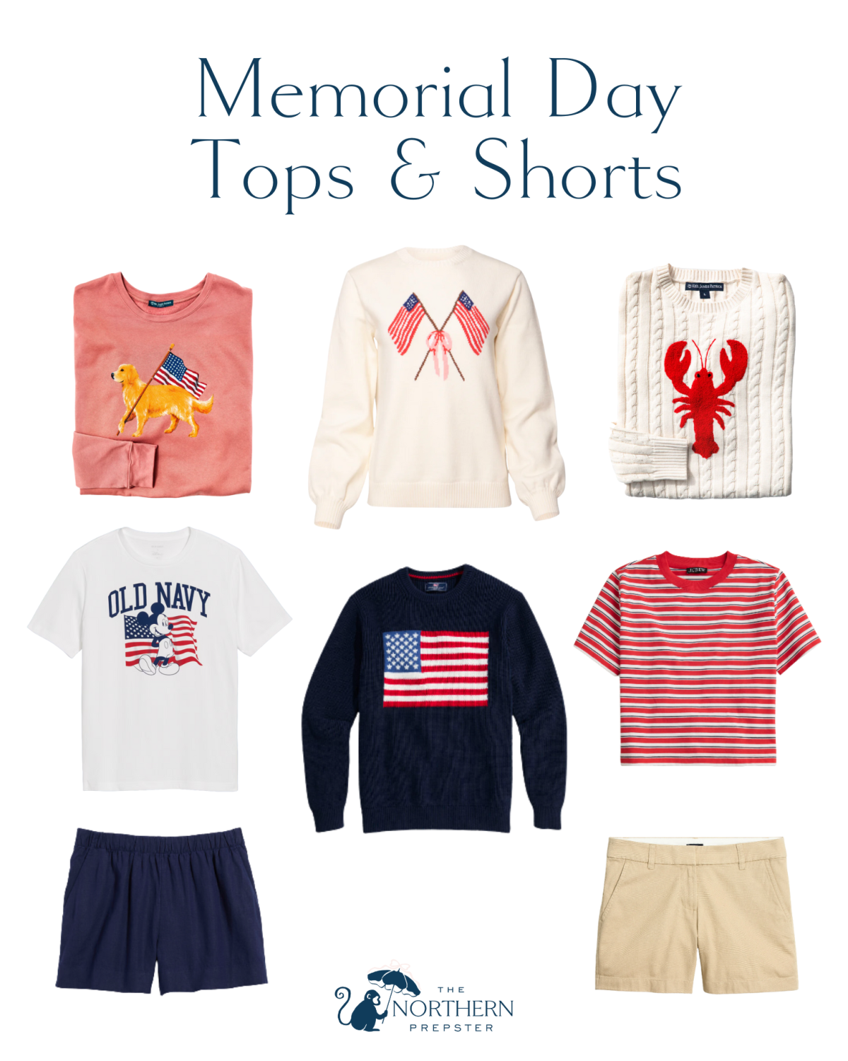 Memorial Day outfit ideas. Summer tops and shorts. Summer sweaters. American flag sweater.
